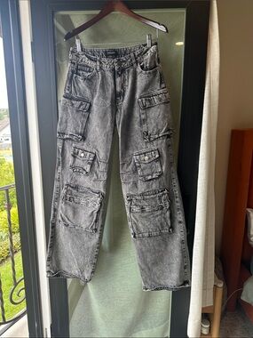 American Bazi Washed Black Denim Cargo Pants